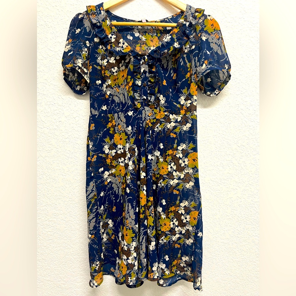 *Women’s Navy Floral Print Short Sleeve Dress Skater Fit and Flare